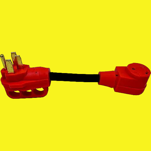 A red heavy-duty power cord adapter with a three-pin plug on one end and a round multi-outlet adapter on the other, featuring a black cable on a yellow background.