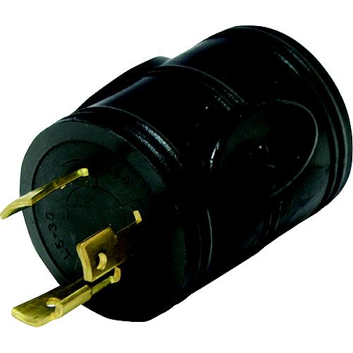 Black 30 amp generator adapter with gold contacts on a white background
