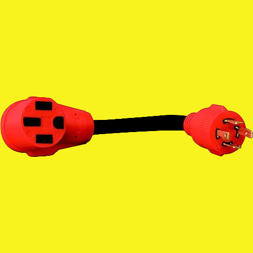 A red 3-prong power adapter with a black cable, featuring a 3-prong female outlet on one end and a 3-prong male plug on the other, isolated on a yellow background.