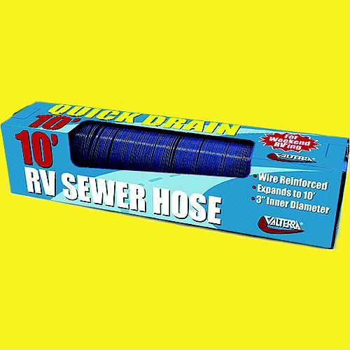 A blue 10 foot RV sewer hose in a blue box