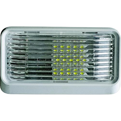 A rectangular outdoor LED light fixture with a ribbed clear lens and visible yellow-green LED chips, set against a plain white background.
