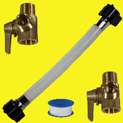 A white hose with threaded ends, two brass valves and a roll of white pipe tape.