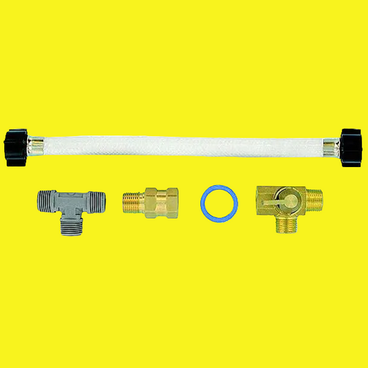 A white hose with threaded ends, brass valve, and two other fittings
