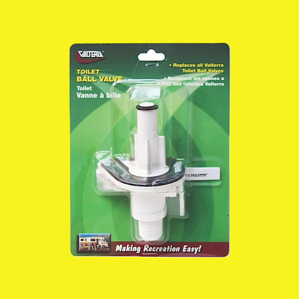 A white toilet ball valve in green packaging.