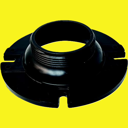 A black floor flange for a toilet. Outside threads