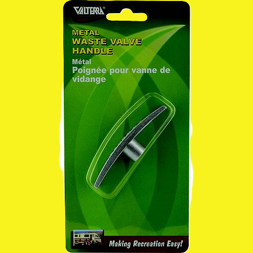 A metal waste valve handle in green packaging on a yellow background