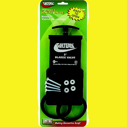 Valterra 3" BladeX Waste Valve and hardware in retail blister packaging, shown against a bright yellow background.