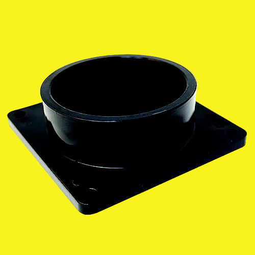 A black flanged waste valve fitting