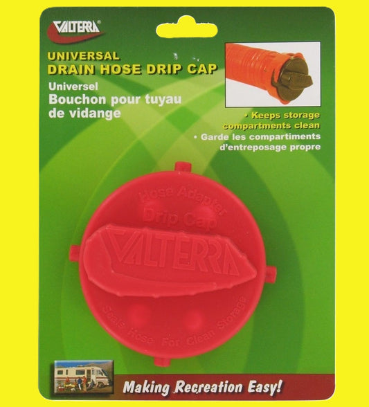 A red universal drain hose drip cap in green packaging