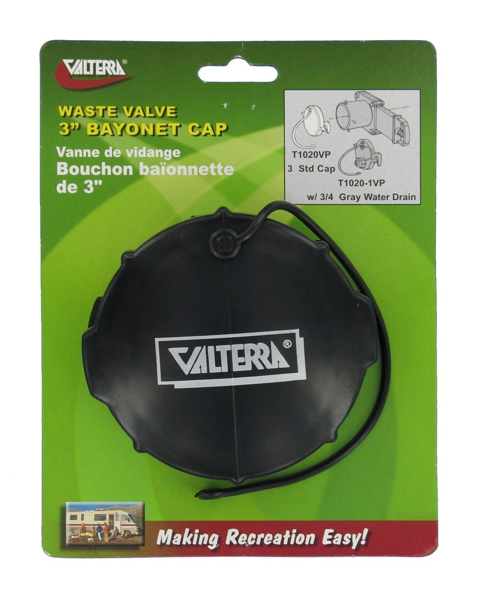 Valterra waste valve 3” bayonet cap packaging on a green background