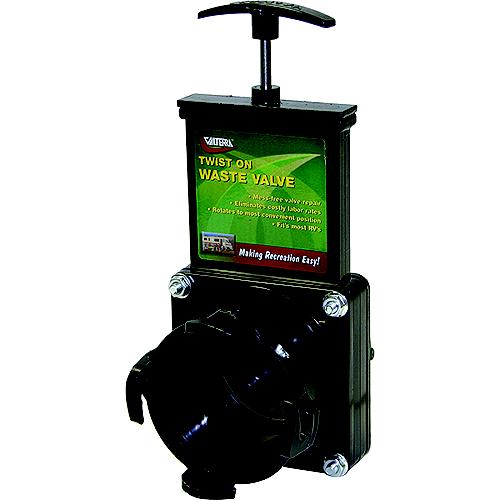 Black twist-on waste valve with visible branding on a white background