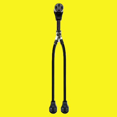 A black RV Y-Adapter with a 50A inlet on one end and two 30A outlets on the other end, designed to plug into two separate 30A outlets on RVs.