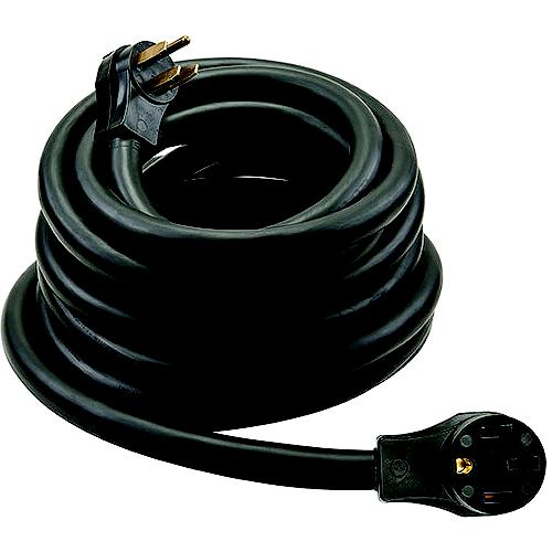 Black electrical extension cord with plug on a white background