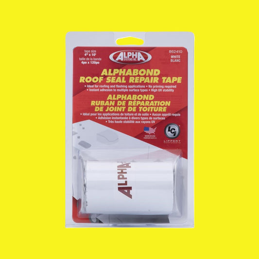 A roll of white roofing repair tape in packaging 