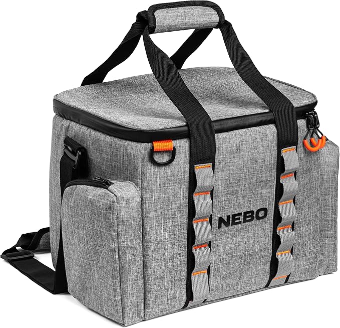 A gray NEBO Polar Pak Electric Cooler & Warmer Bag with black straps and orange accents.