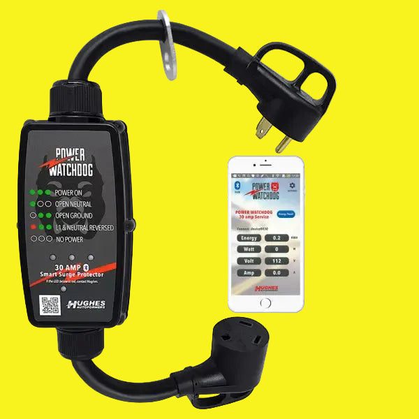 A black Power Watchdog Smart Surge Protector with a flexible strap, a plug, and a smartphone displaying the companion app with various power metrics.