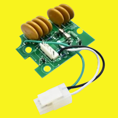 A surge protection device with a green circuit board, three brown capacitors, and a black wire with a plug.