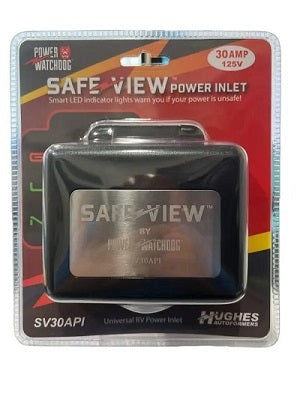 Safe View 30A power inlet in red and black packaging.
