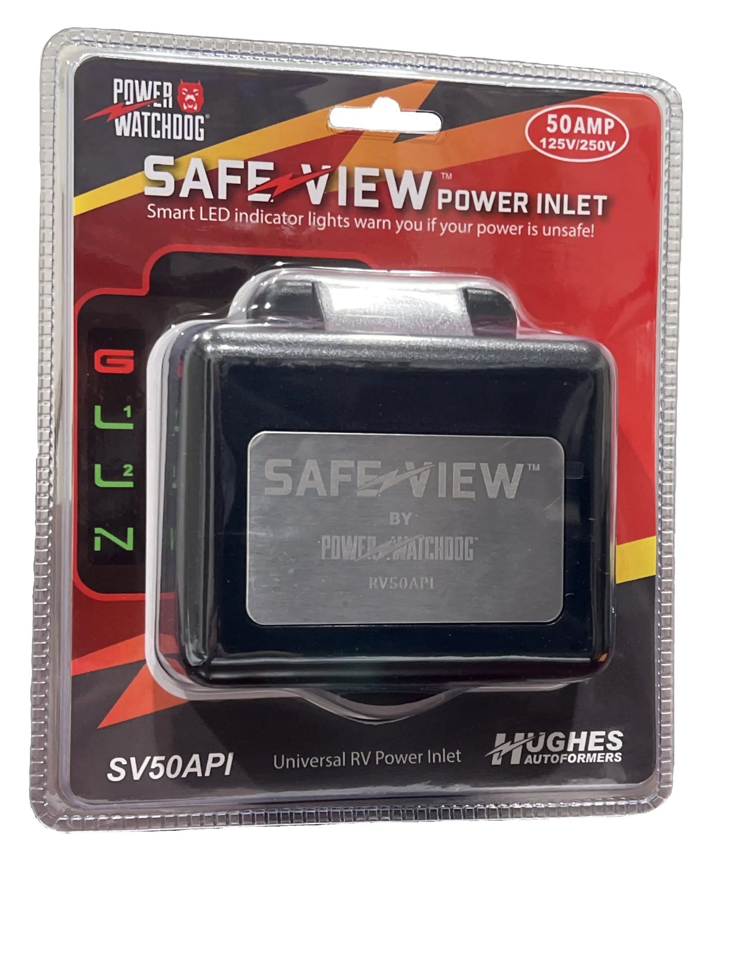 Safe View Smart RV Power Inlet packaging with the product visible in a clear plastic case. The power inlet has a stainless-steel faceplate and is labeled with '50A' and 'Universal Power Inlet'.